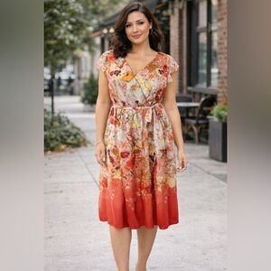 Chris McLaughlin A Line Dress 18W Belt Floral Flowy Stretch Career Church